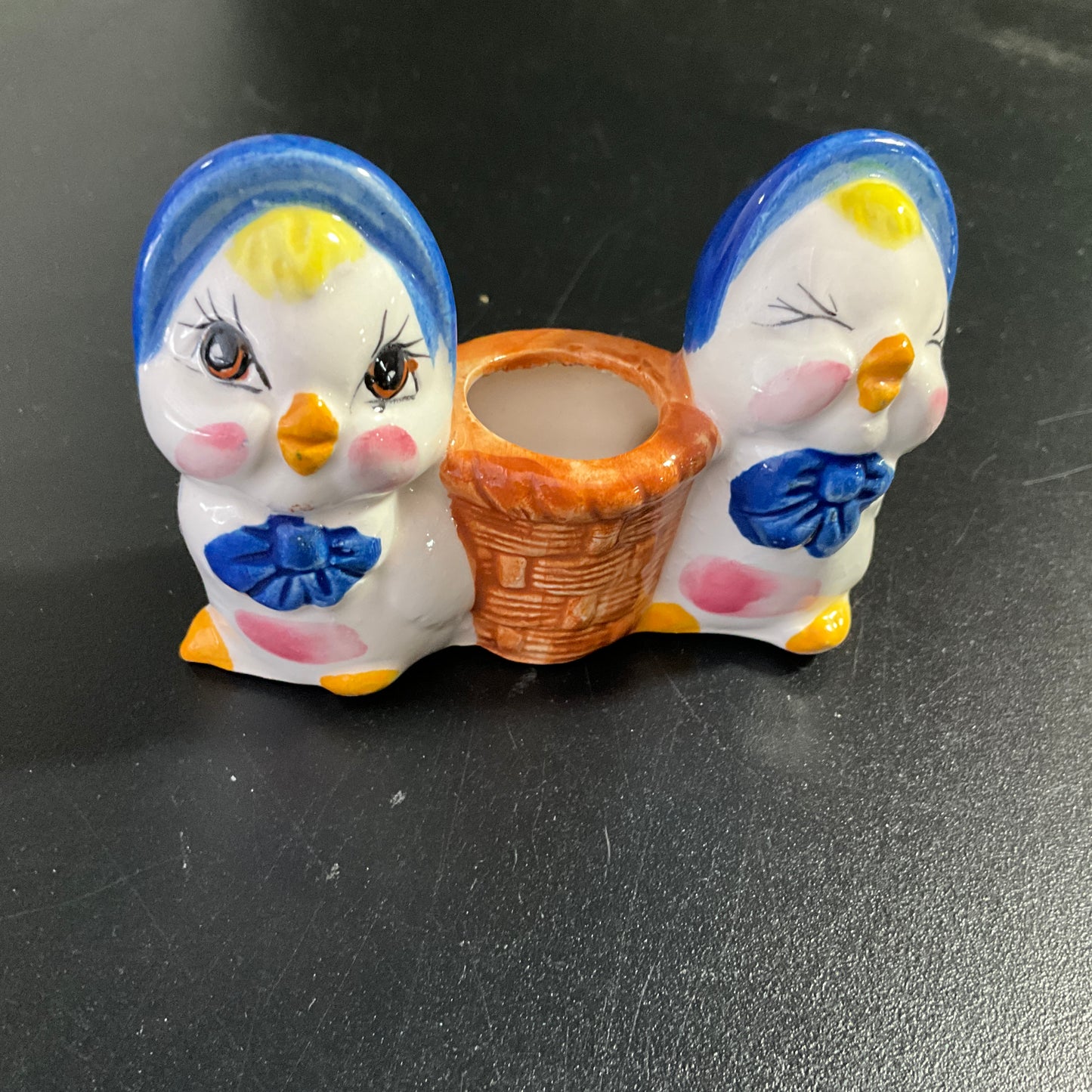 Charming chicks in blue bonnets toothpick holder vintage kitchen collectible