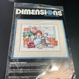 Dimensions Family of Dolls 3649 vintage 1988 counted cross stitch kit 14 by 11 inches 14 count white AIDA