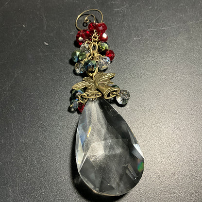 Charming crystal teardrop with gold-tone bell medallion and red & clear crystal berries fancy swirl hook ornament