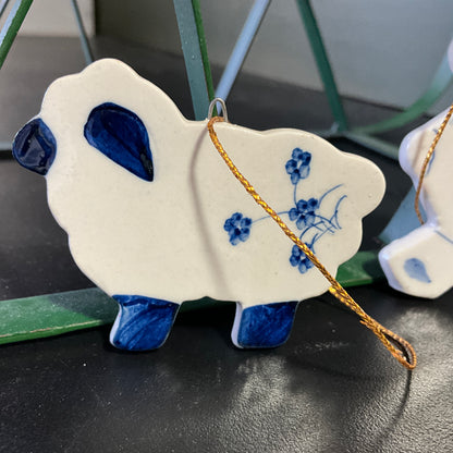 Teddy Bear and Sheep set pf 2 blue and white ceramic Christmas ornaments