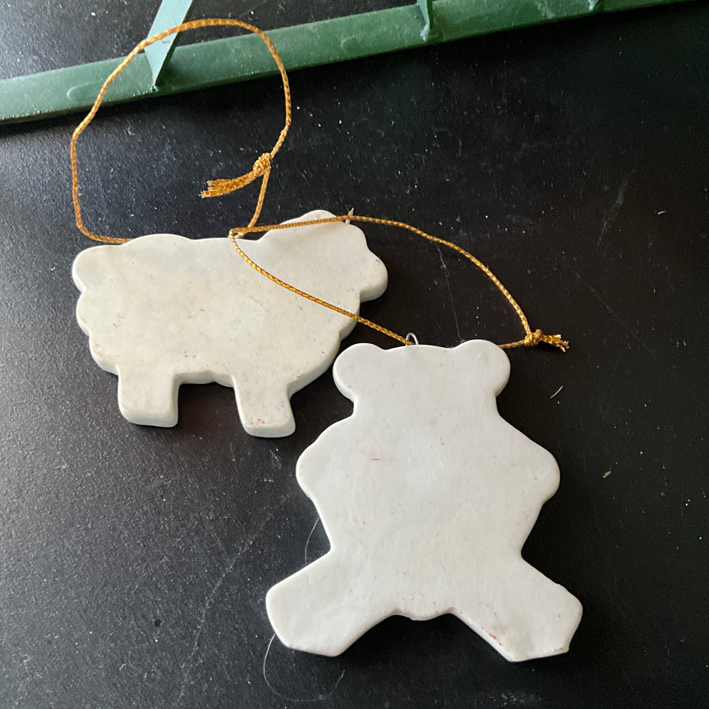 Teddy Bear and Sheep set pf 2 blue and white ceramic Christmas ornaments