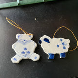 Teddy Bear and Sheep set pf 2 blue and white ceramic Christmas ornaments