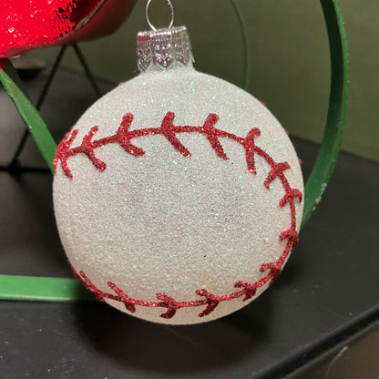 Bombastic baseball crystalized white with raised red stitches Christmas ornament