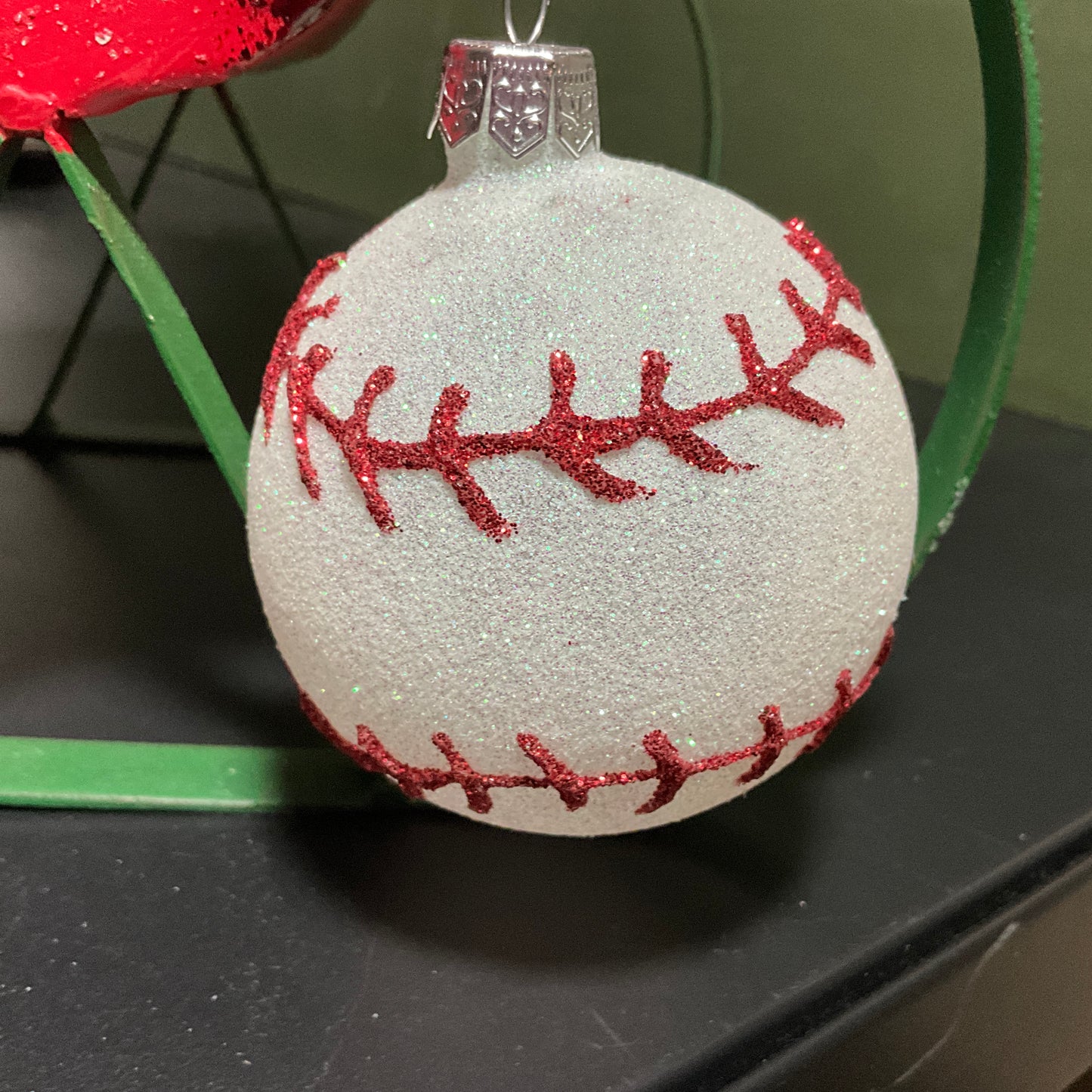 Bombastic baseball crystalized white with raised red stitches Christmas ornament