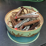 Old Fashioned hair curlers in a vintage Dusting Powder round box collectible beauty aids*