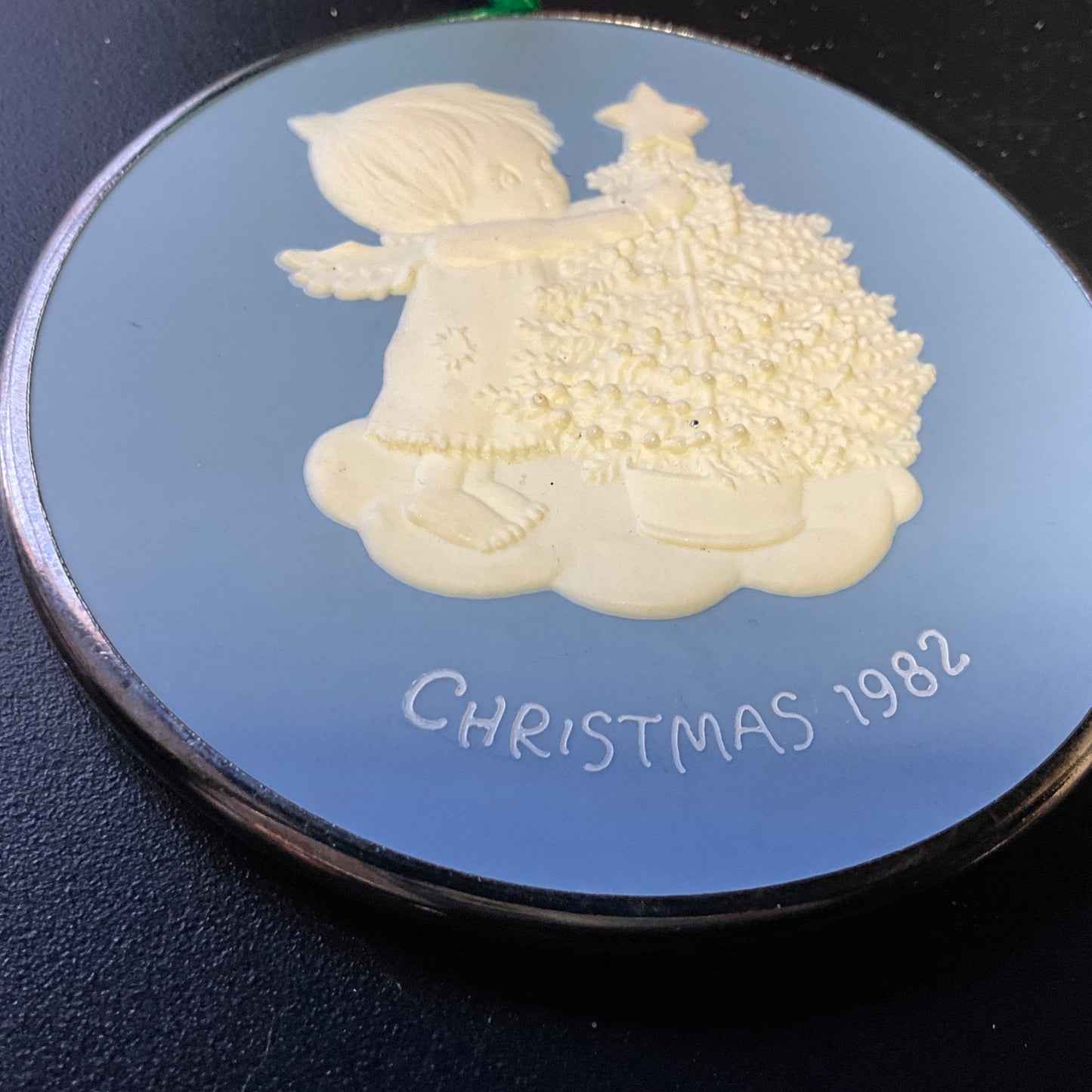 Hallmark Betsy Clark Christmas dated 1982 light blue cameo Keepsake Ornament