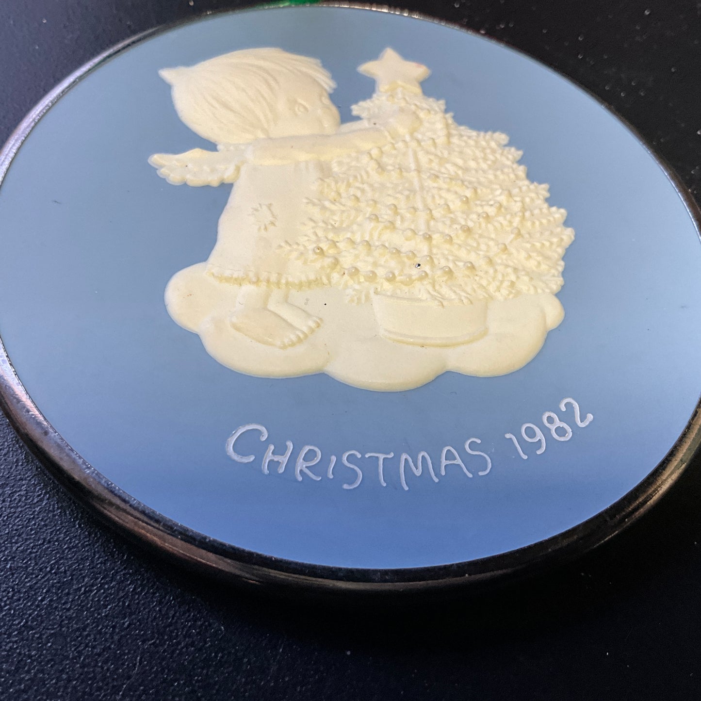 Hallmark Betsy Clark Christmas dated 1982 light blue cameo Keepsake Ornament