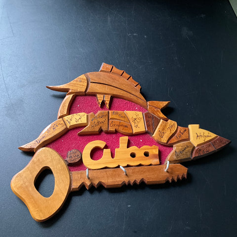 Cuba Marlin & Map carved wooden key holder vintage collectible wall hanging