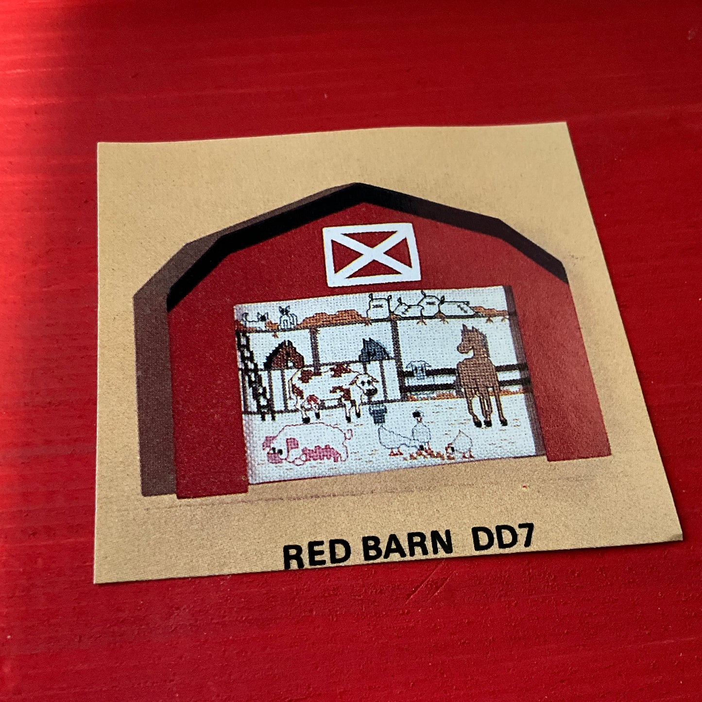 Little red barn vintage 1982 painted wooden cutout frame with farm animal chart*