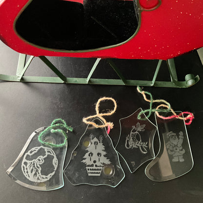 Elegant etched beveled glass set of 4 vintage Christmas ornaments