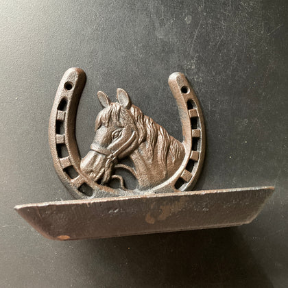 Horse in horseshoe cast iron wall hanging soap dish equestrian restoration home/barn decorative hardware