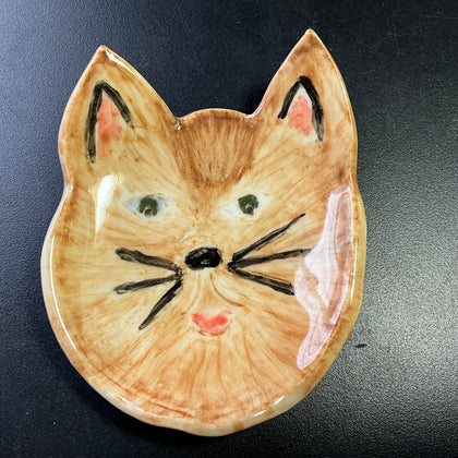 Precious painted kitty face on a glazed ceramic 3.5 inch  trinket dish vintage decorative collectible