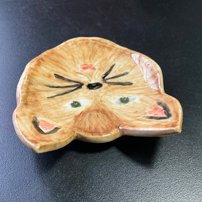 Precious painted kitty face on a glazed ceramic 3.5 inch  trinket dish vintage decorative collectible