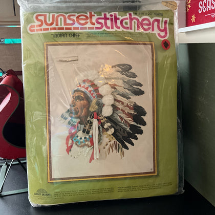 Sunset Stitchery Indian Chief vintage 1977 crewel kit 16 by 20 inches