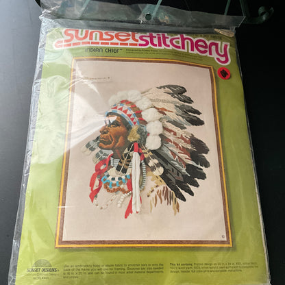 Sunset Stitchery Indian Chief vintage 1977 crewel kit 16 by 20 inches