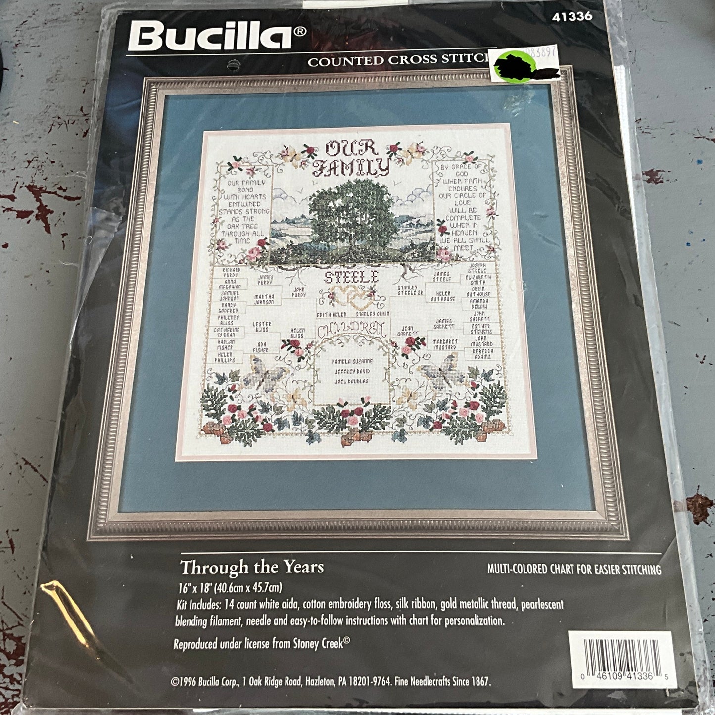 Bucilla Through the Years 41336 vintage 1996 counted cross stitch kit 14 count white AIDA 16 by 18 inches