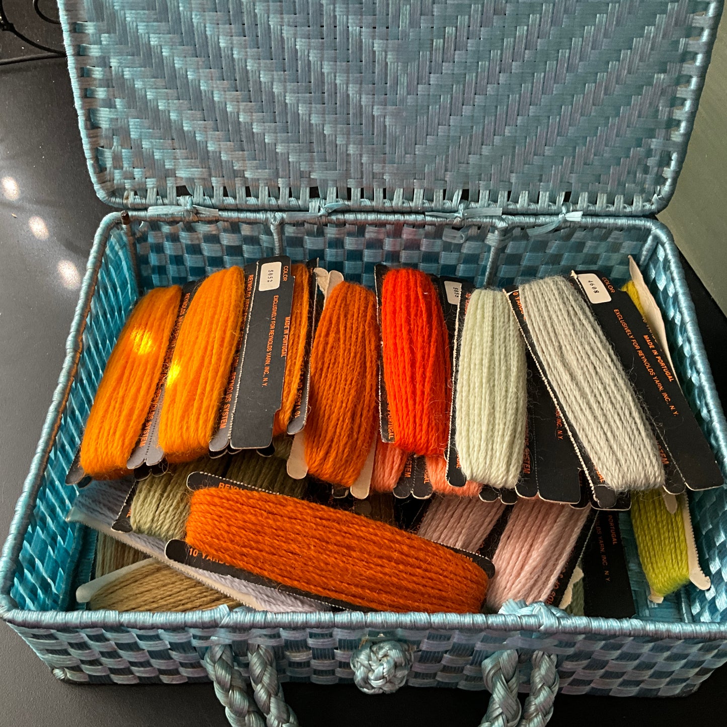 Wonderful woven sewing basket vintage needlecraft storage container with bargain lot of 34 skeins needlepoint crewel yarn see pictures and description*