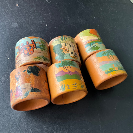 Costa Rican scenery hand painted on 6 wooden napkin rings souvenir collectible from Costa Rica