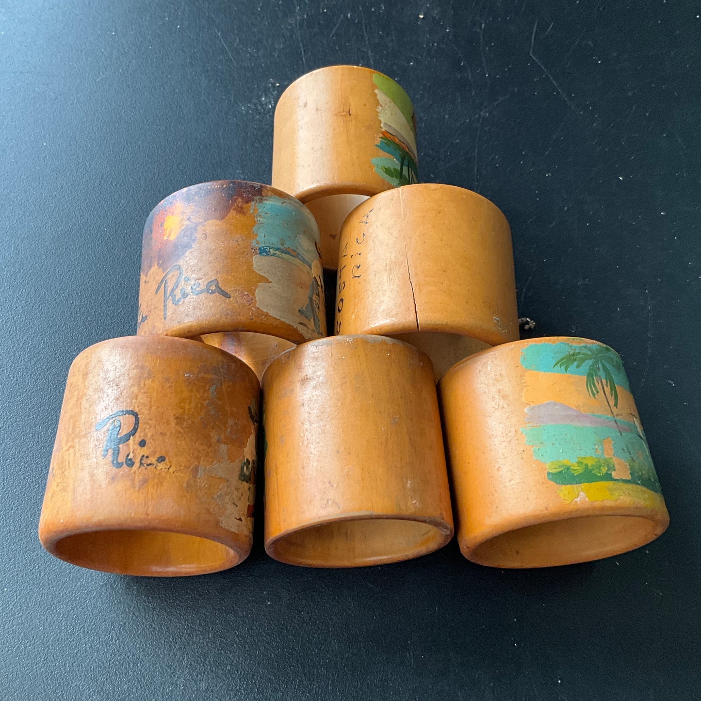 Costa Rican scenery hand painted on 6 wooden napkin rings souvenir collectible from Costa Rica