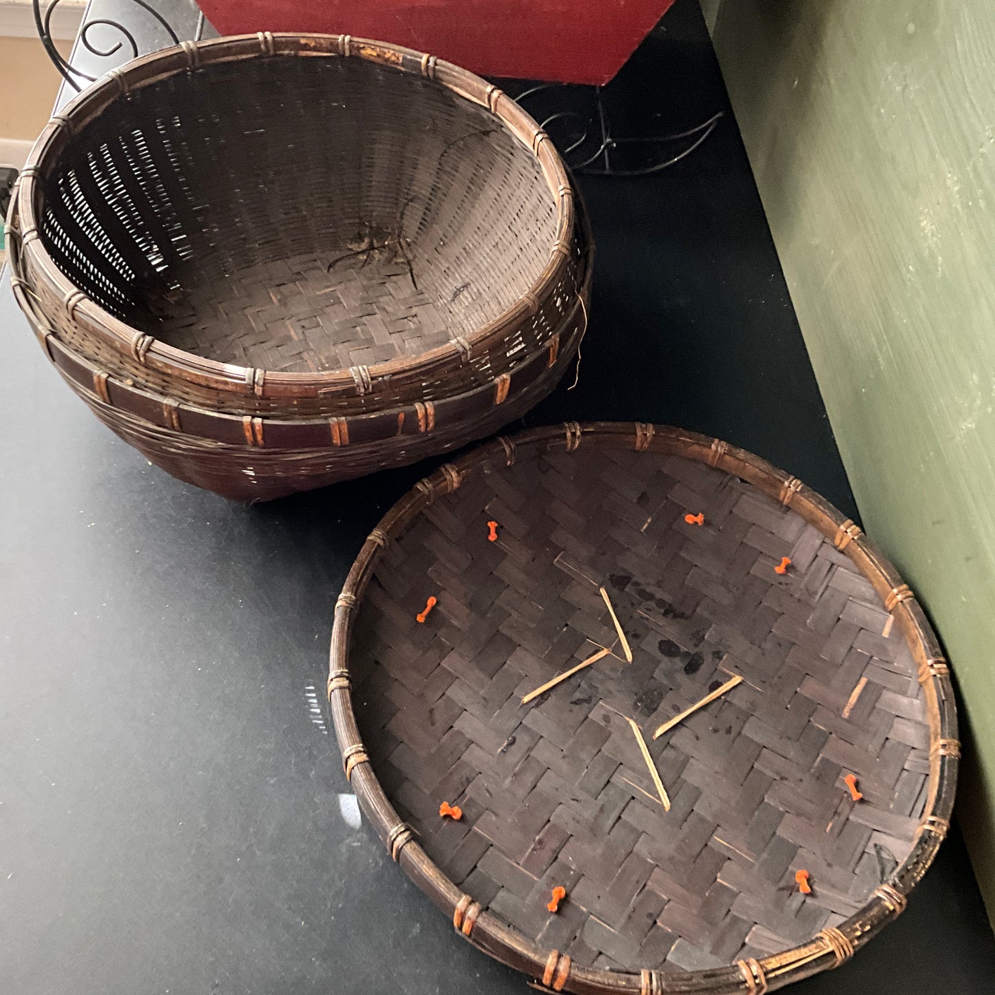 Wonderful wicker large Asian beaded vintage sewing basket needlecraft storage collectible