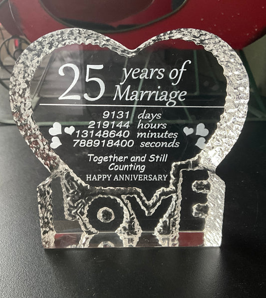 Lovly LOVE Heart 25 Years of Marriage lazer cut crystal anniversary keepsake&nbsp;