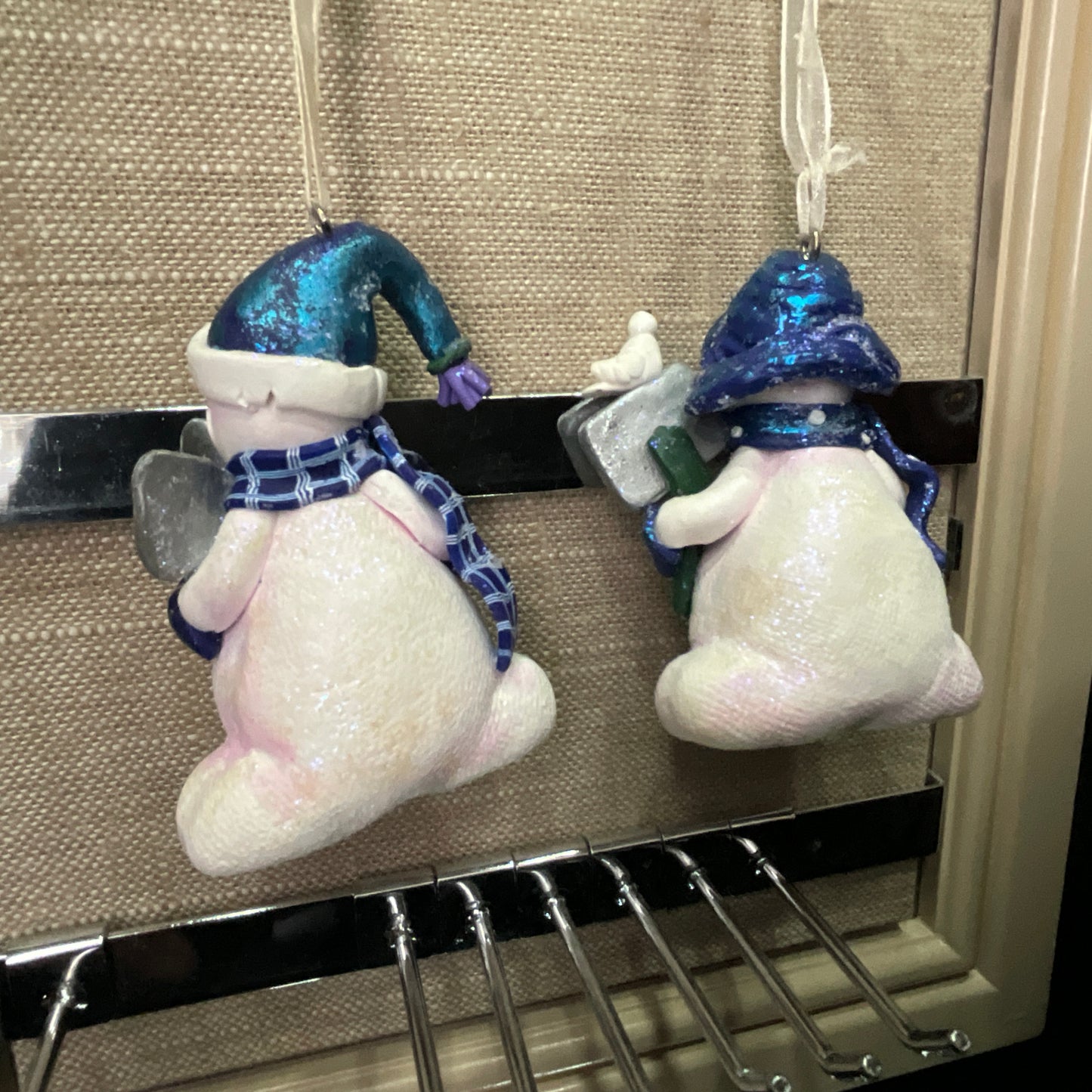 Snowman with Joy sign & Snowman with snow shovel set of 2 vintage ornaments made out of Clay Dough