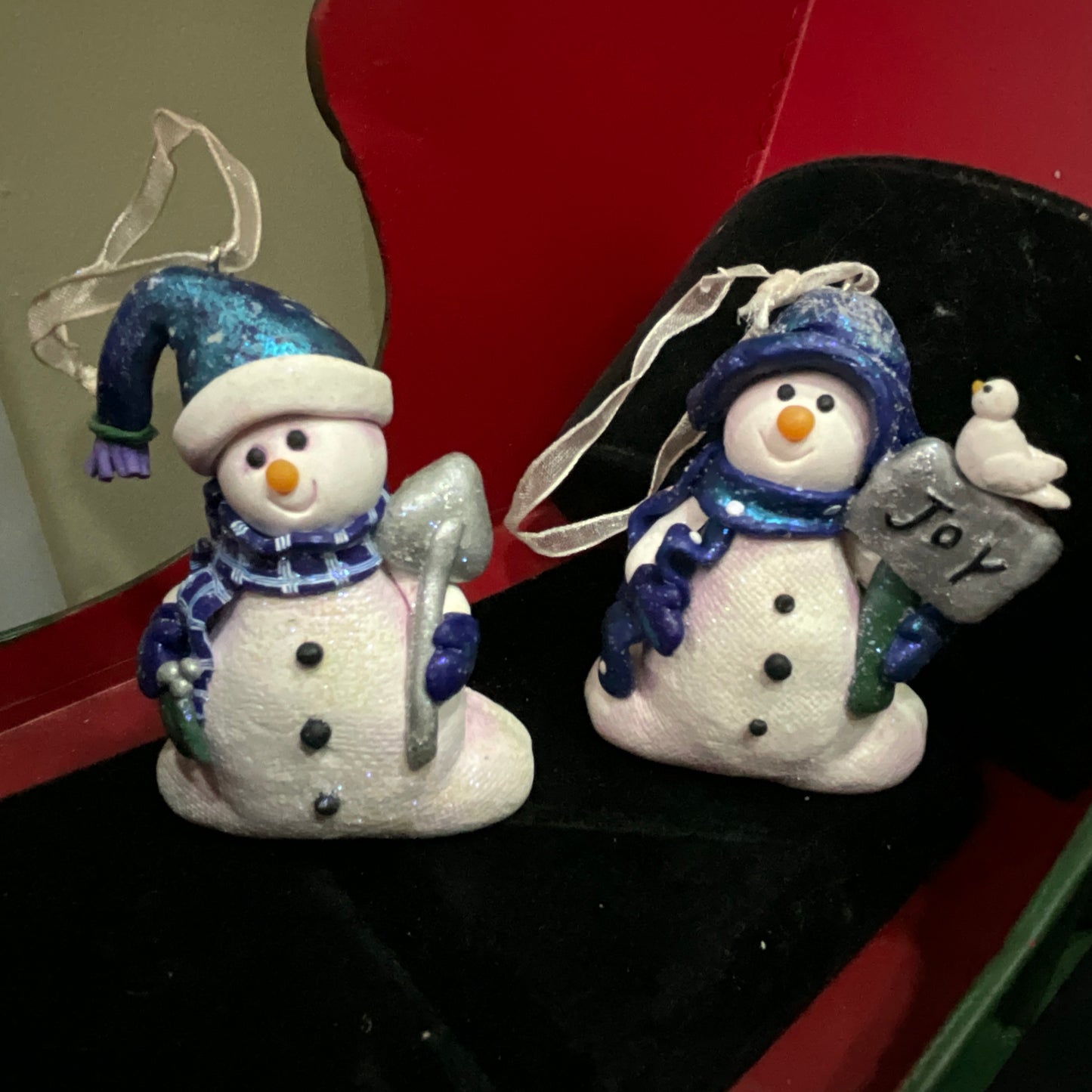 Snowman with Joy sign & Snowman with snow shovel set of 2 vintage ornaments made out of Clay Dough