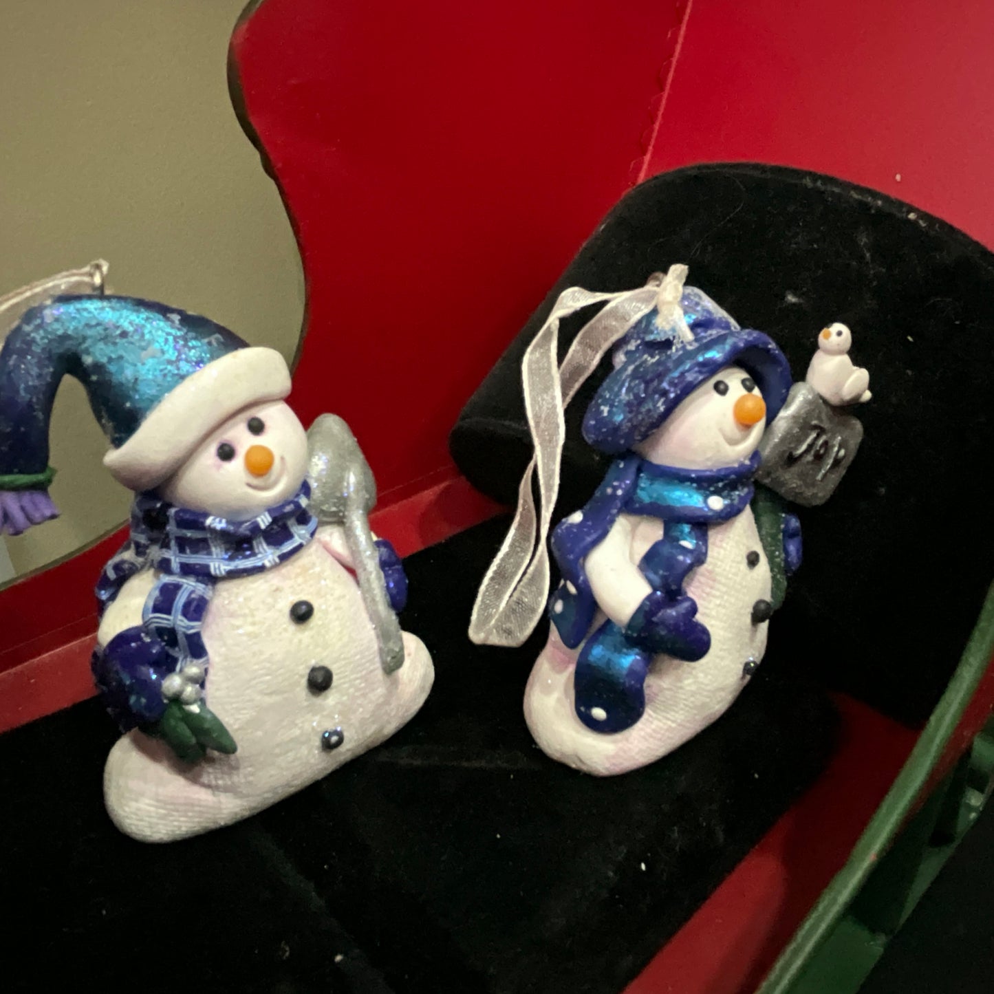 Snowman with Joy sign & Snowman with snow shovel set of 2 vintage ornaments made out of Clay Dough