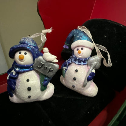 Snowman with Joy sign & Snowman with snow shovel set of 2 vintage ornaments made out of Clay Dough