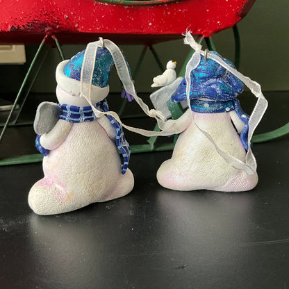 Snowmen set of 2 Joy and shovel clay dough Christmas ornaments