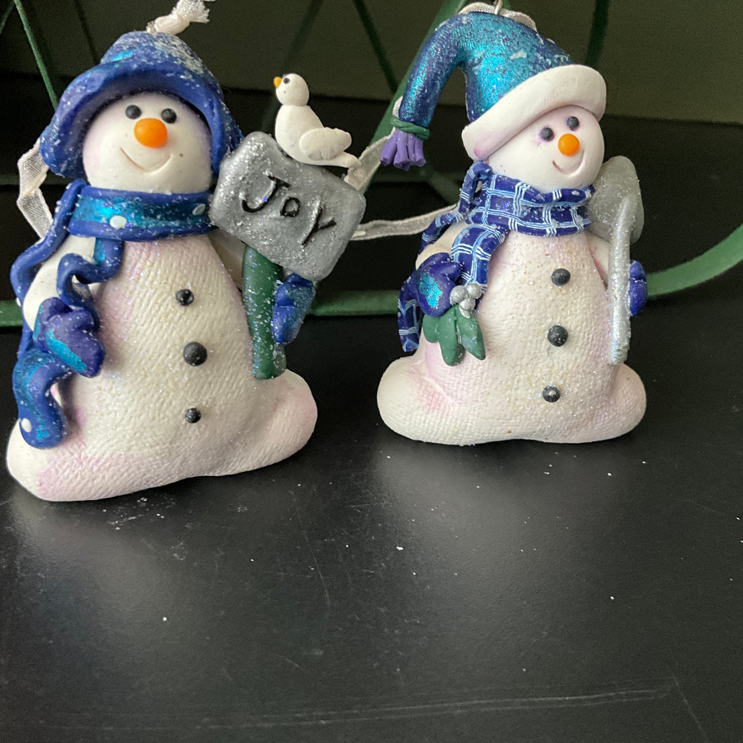 Snowmen set of 2 Joy and shovel clay dough Christmas ornaments