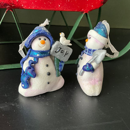 Snowmen set of 2 Joy and shovel clay dough Christmas ornaments