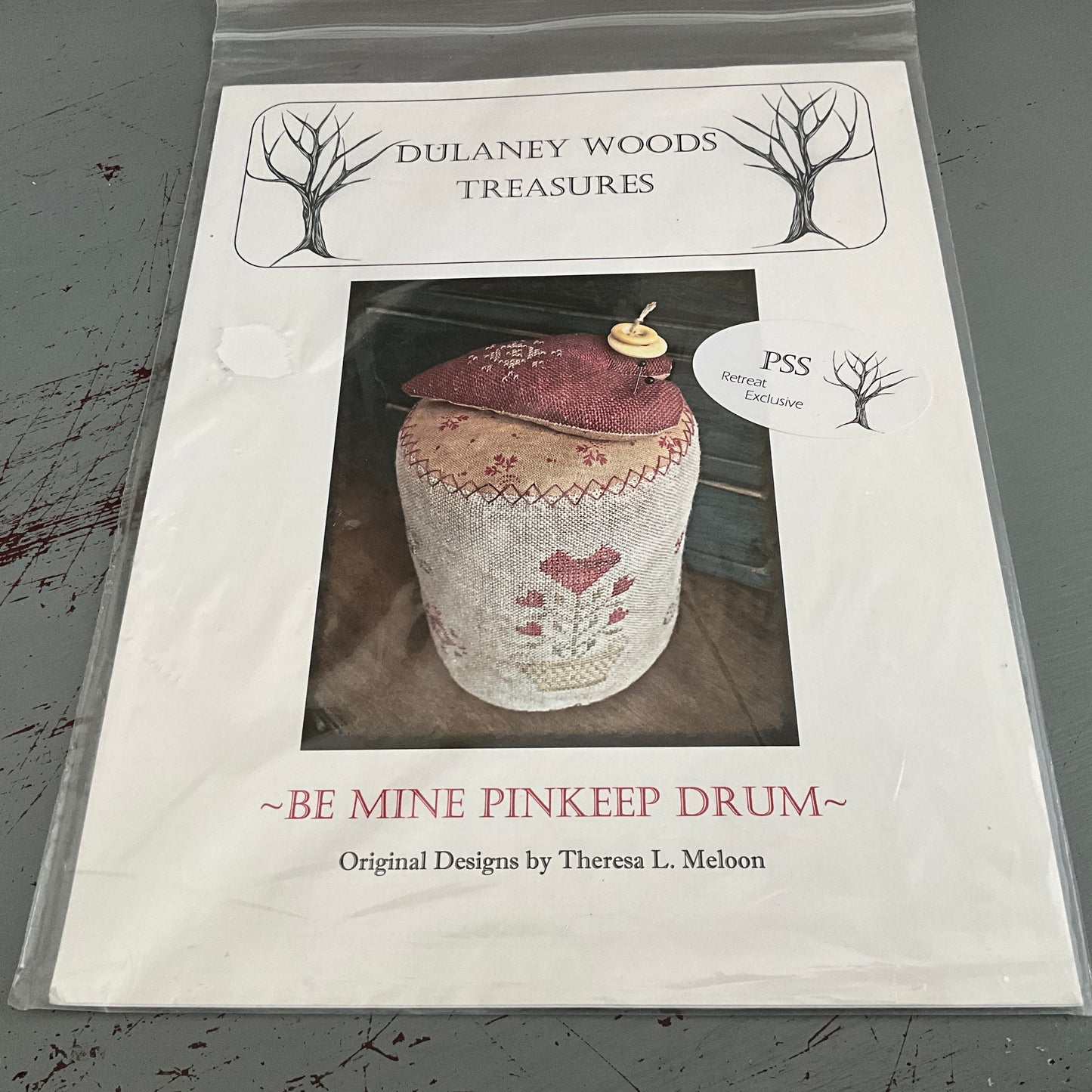 Delaney Woods Treasures Be Mine Pinkeep Drum Original Deigns by Theresa L. Meloon cross stitch chart Retreat Exclusive!