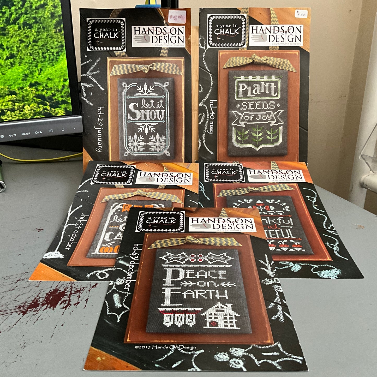 Hands On design A Year In Chalk set of 5 counted cross stitch charts Han, May, Oct, Nov, & Dec