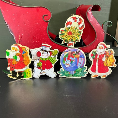 Sensational Santa Clauses Candy Cane and Snowman set of 5 vintage cardboard cutout Christmas ornaments