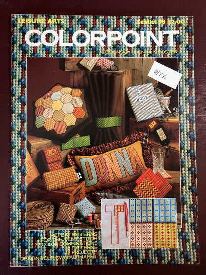 Leisure Arts Colorpoint collection of 18 colorful repeat needlepoint designs by Donna K Poster Leaflet 98 Vintage 1977