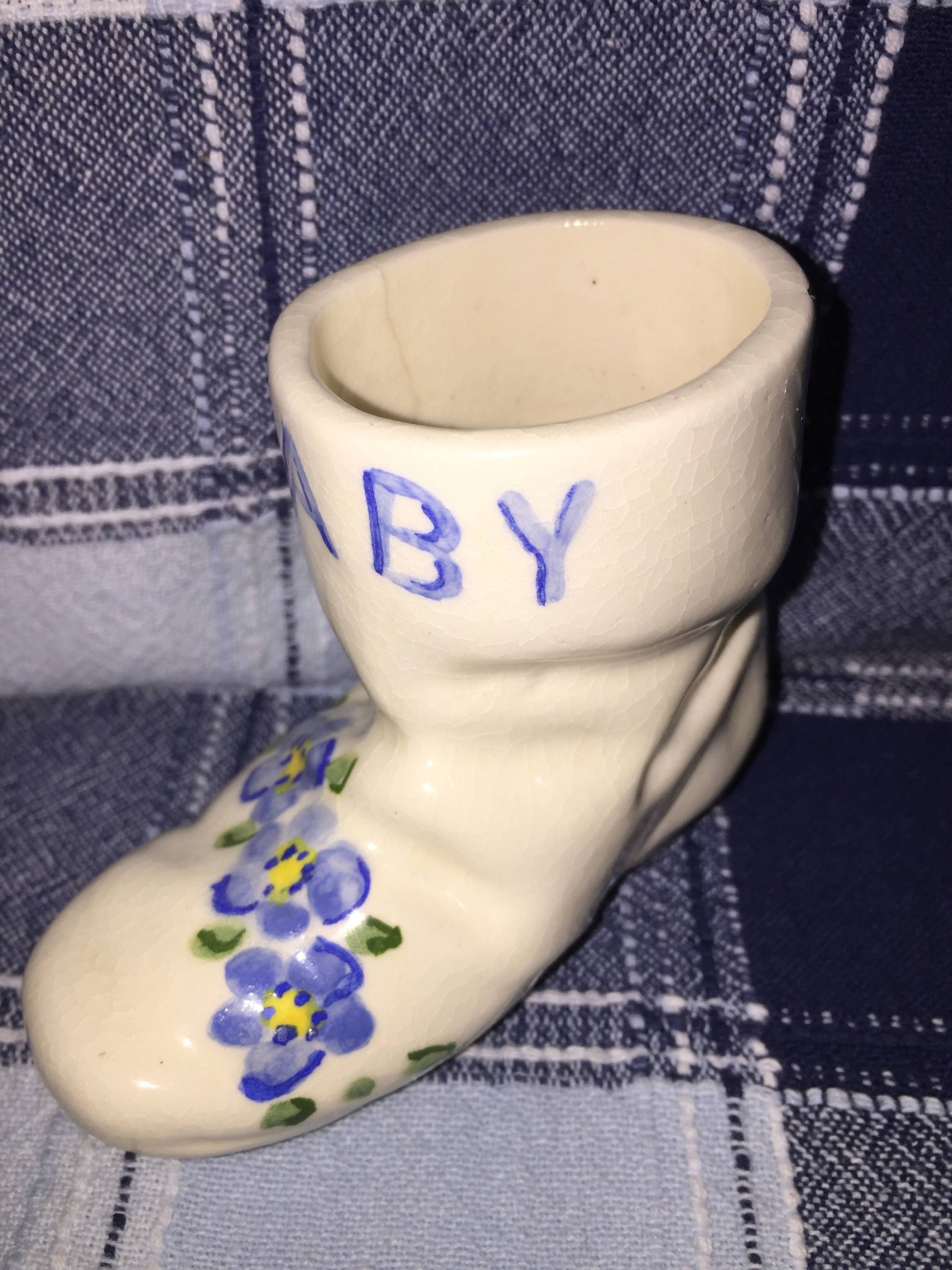 Pretty Blue Flower Motif Baby Bootie w BABY written on it, Porcelain, Vintage Collectible