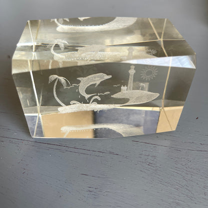 Laser Etched Glass Paper Weights, Choice of Skier, or Dolphin On Wave, Lighthouse Scene, Vintage Collectible, 3 by 2 Inches