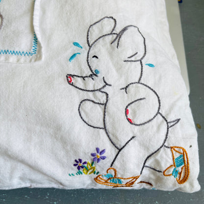 Elephants running and playing tennis, vintage hand embroidered pillowcase