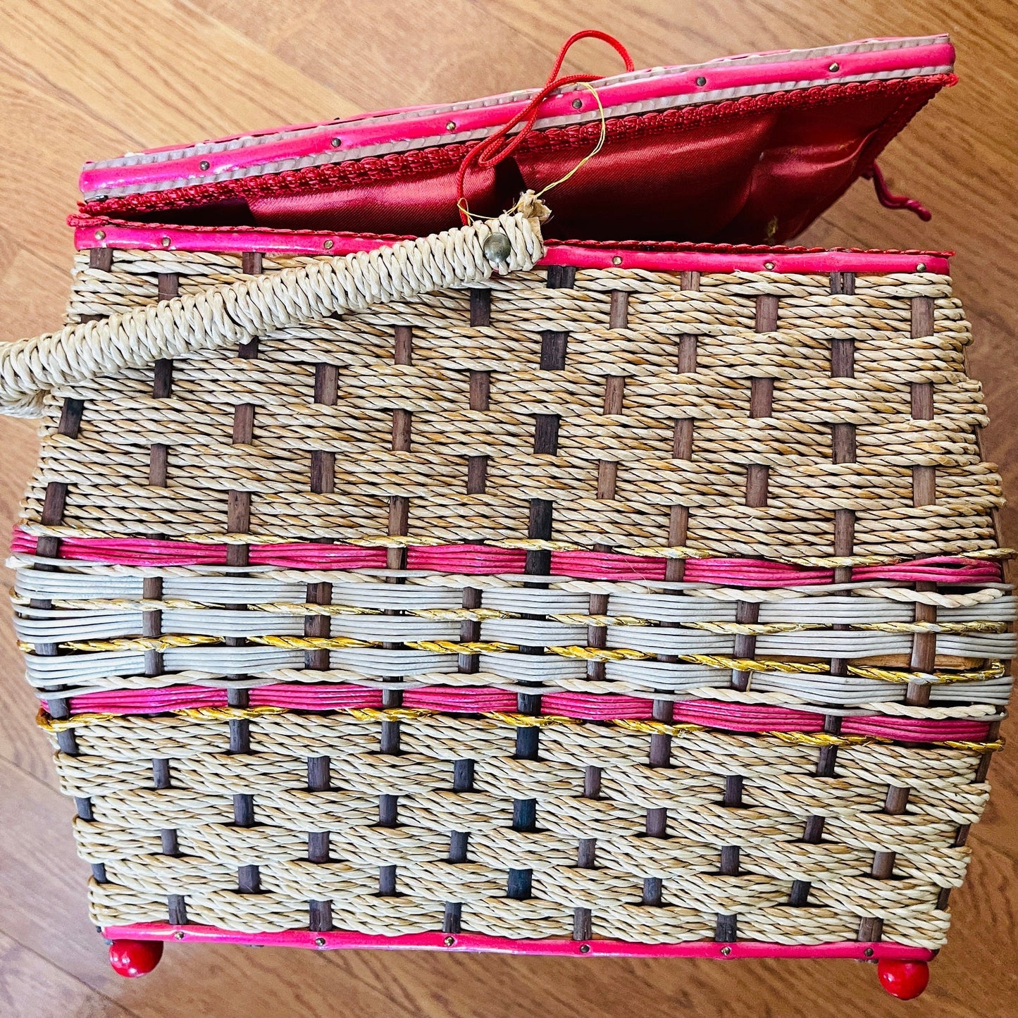 Pretty woven red, white, brown, and natural rattan, vintage sewing basket*