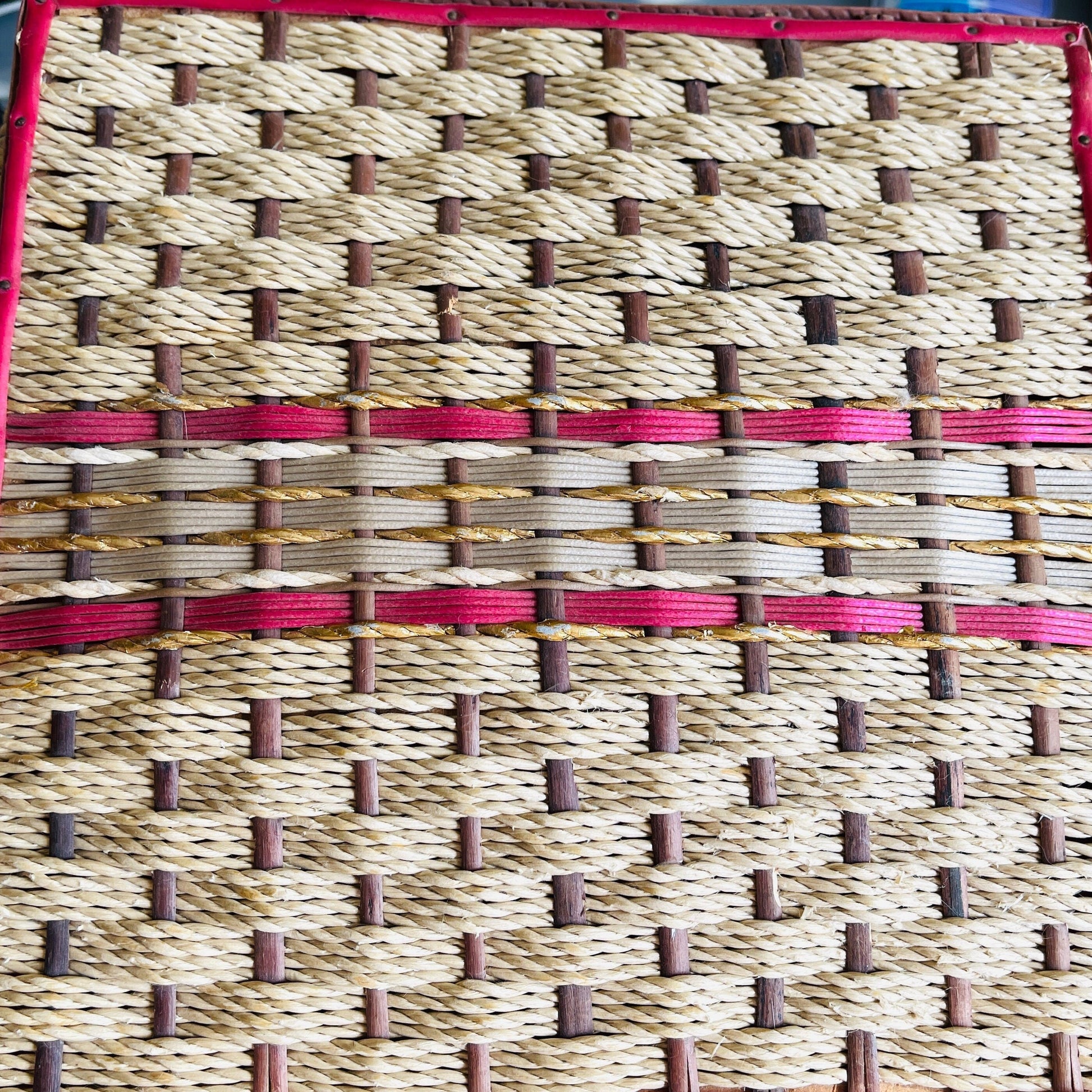 Pretty woven red, white, brown, and natural rattan, vintage sewing basket*