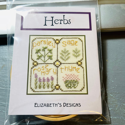 Elizabeth Designs, Herbs Design with 4 inch wooden hoop included Counted Cross Stitch Chart