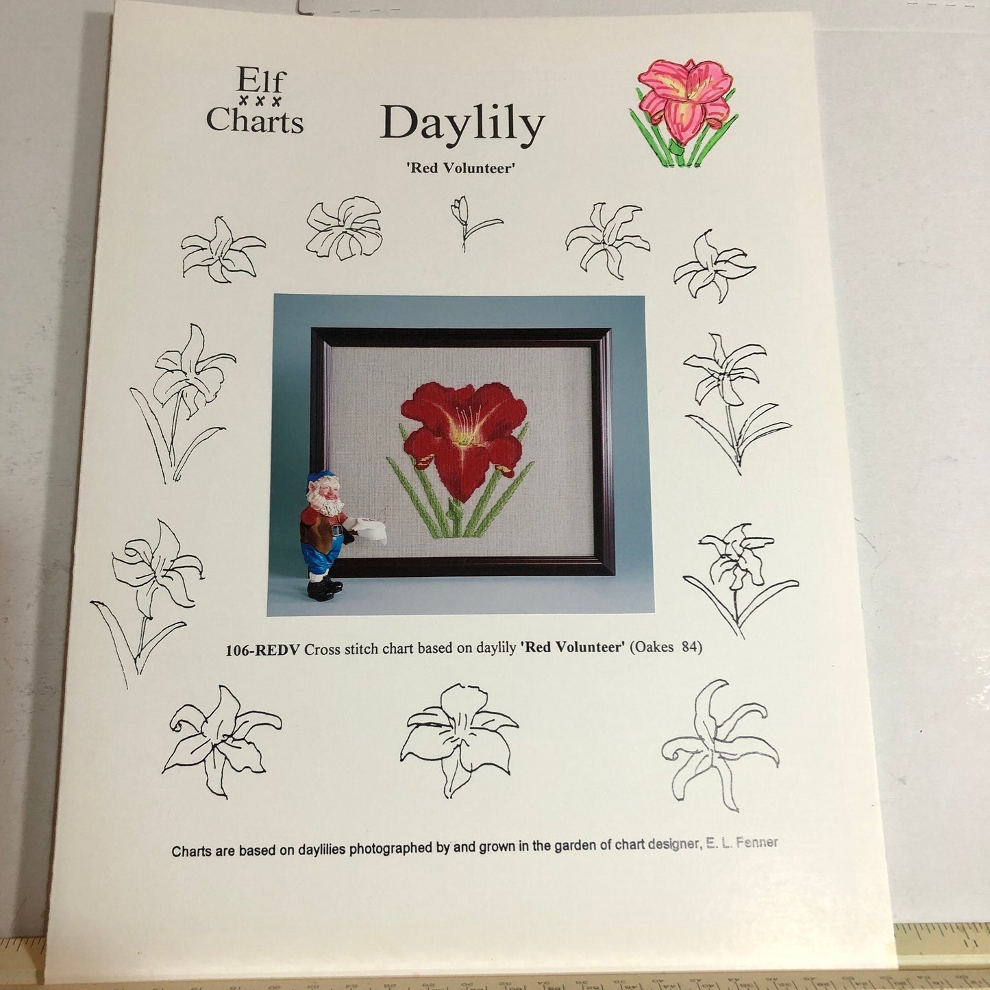 Elf Charts, Daylily, Red Volunteer, Vintage 2000, Counted Cross Stitch Chart