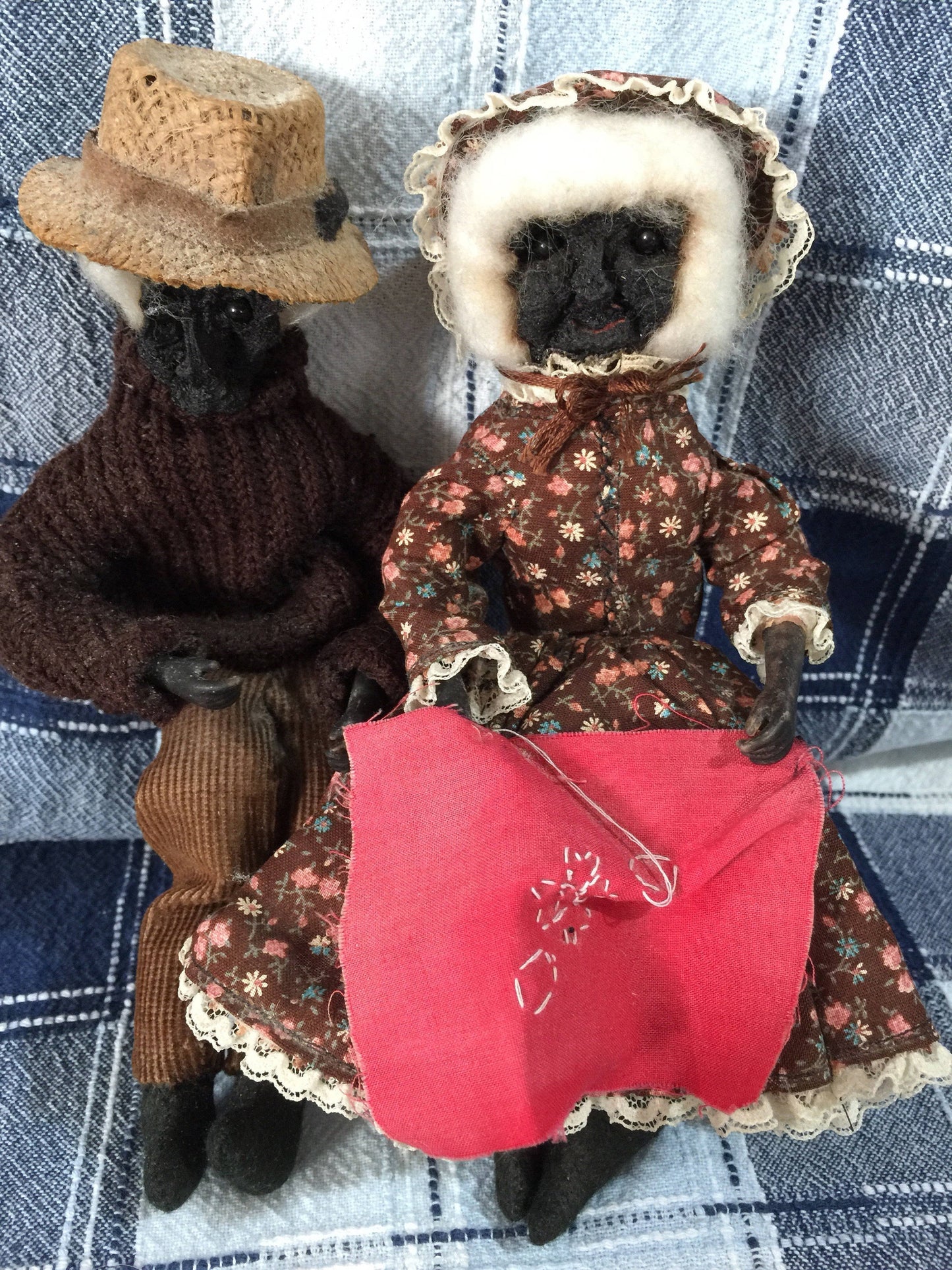 Grandpa & Grandma Sewing, Pair of Nice Handmade Sitting Dolls, Vintage Collectible