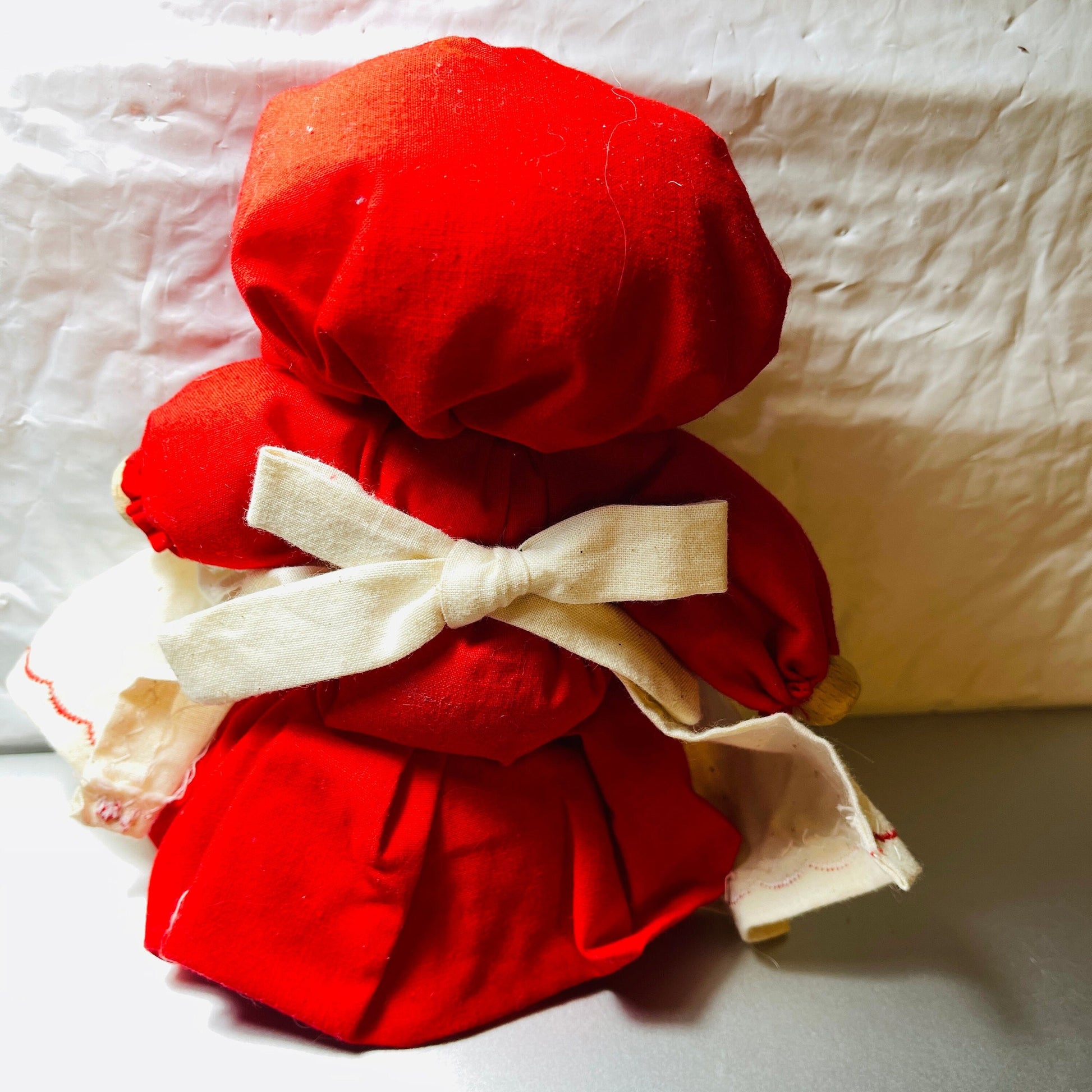 Wooden Headed, Country Doll In Red Dress, Apron and Bonnet, Vintage Collectible