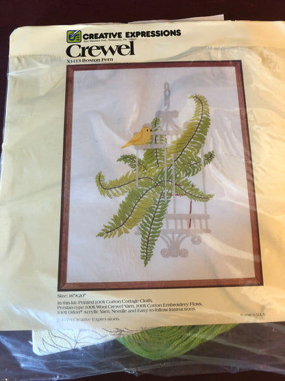 Creative Expressions, Boston Fern, X1113, Spider Plant, X1114, Set of 2, Vintage 1979, Crewel Kits, 16 by 20 Inches, Hard to Find