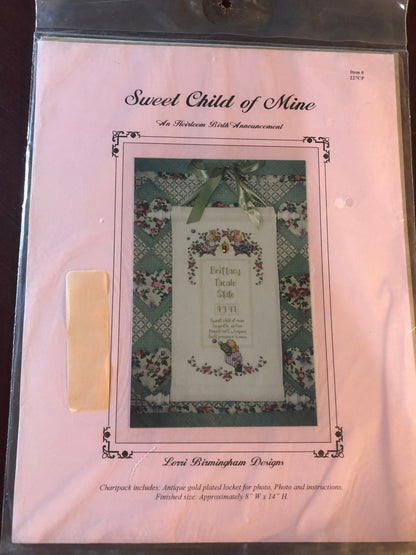 Lori Birmingham Designs, Sweet Child of Mine, An Heirloom Birth Announcement, with Locket, Counted Cross Stitch Pattern