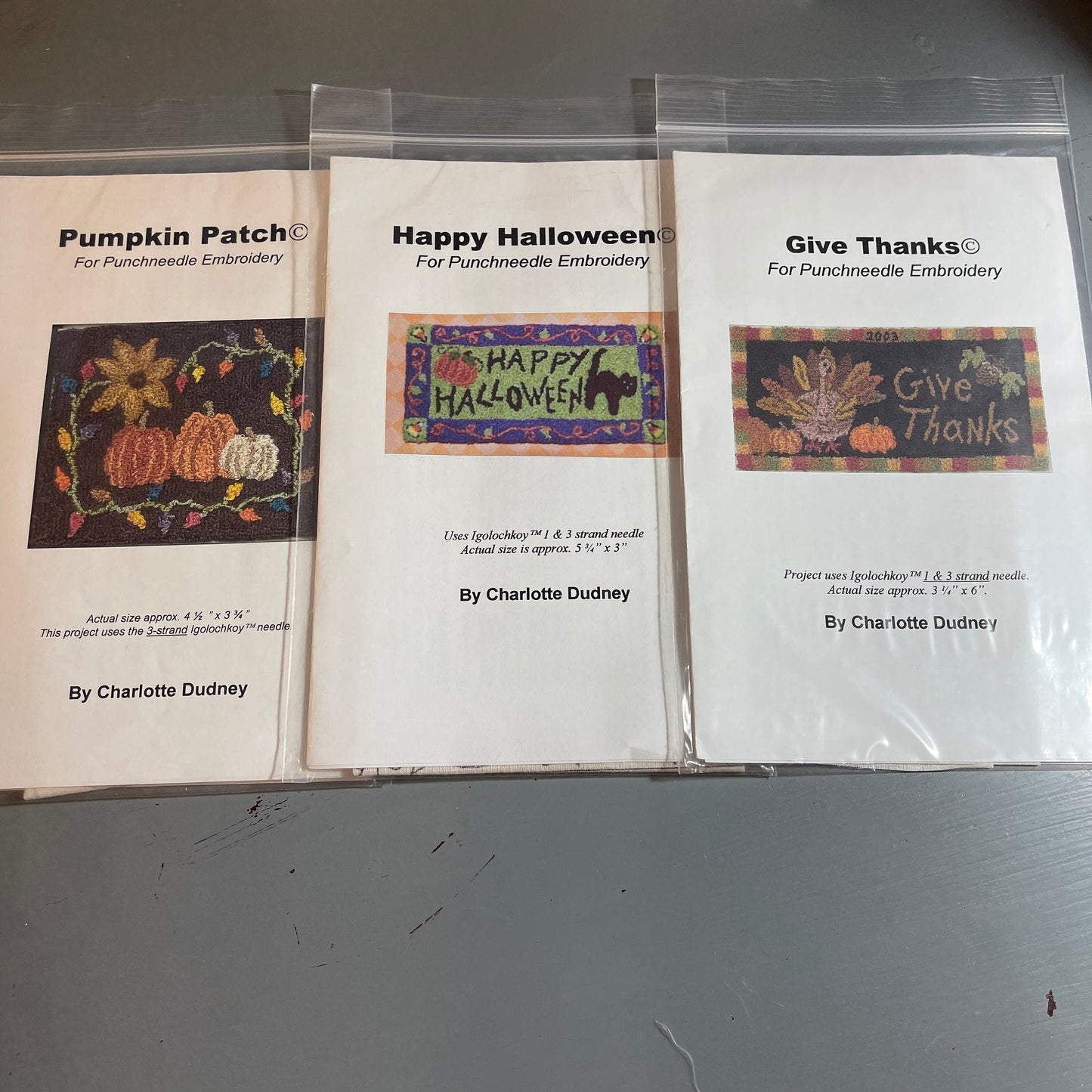 Pep&#39;r Pot Choice of Punchneedle Embroidery Patterns By Charlotte Dudney Happy Halloween, Pumpkin Patch, or Give Thanks