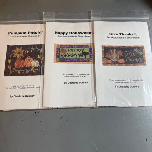 Pep&#39;r Pot Choice of Punchneedle Embroidery Patterns By Charlotte Dudney Happy Halloween, Pumpkin Patch, or Give Thanks