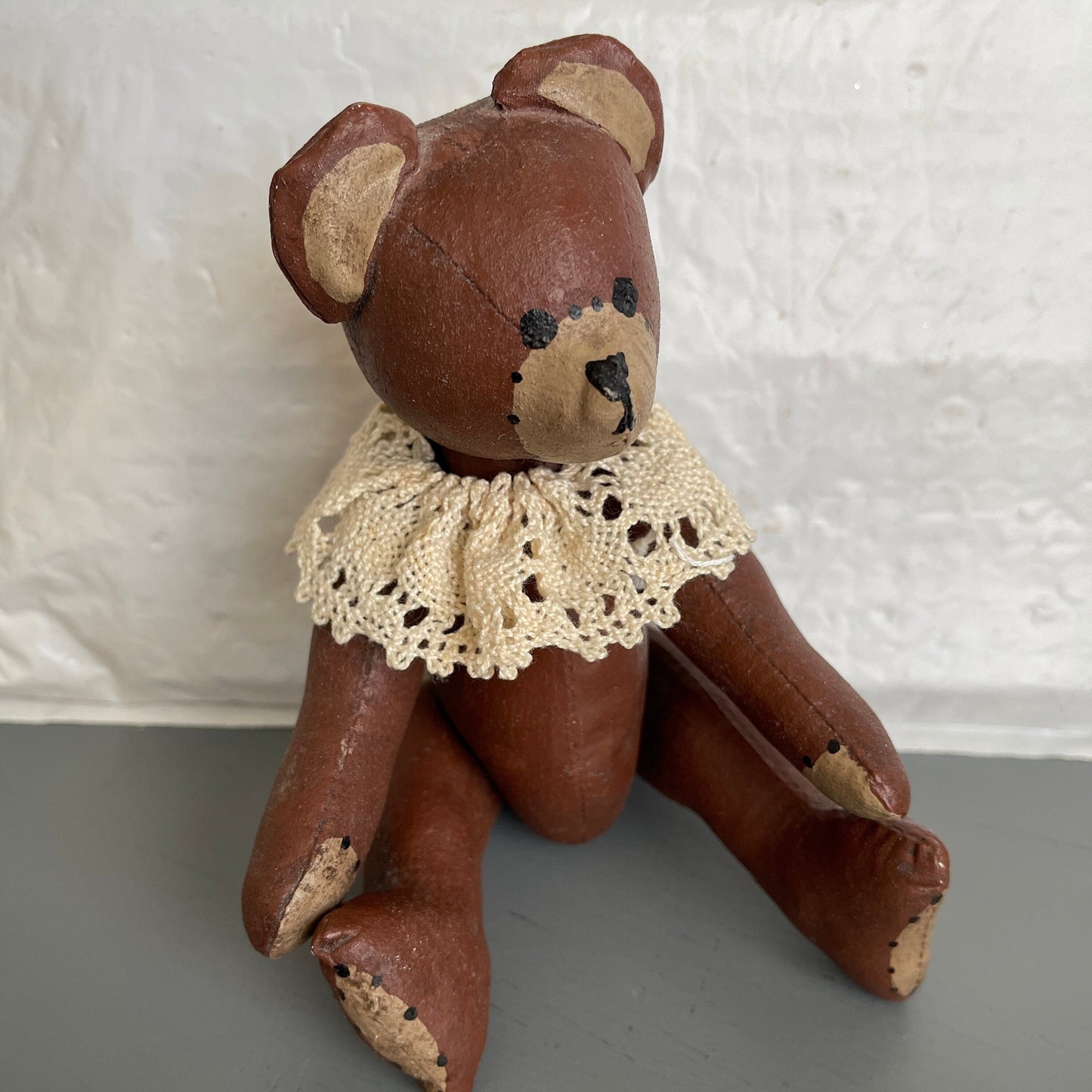 Precious Paper Mache&#39; Teddy Bear with Crocheted Collar Vintage Collectible Cottagecore Decor